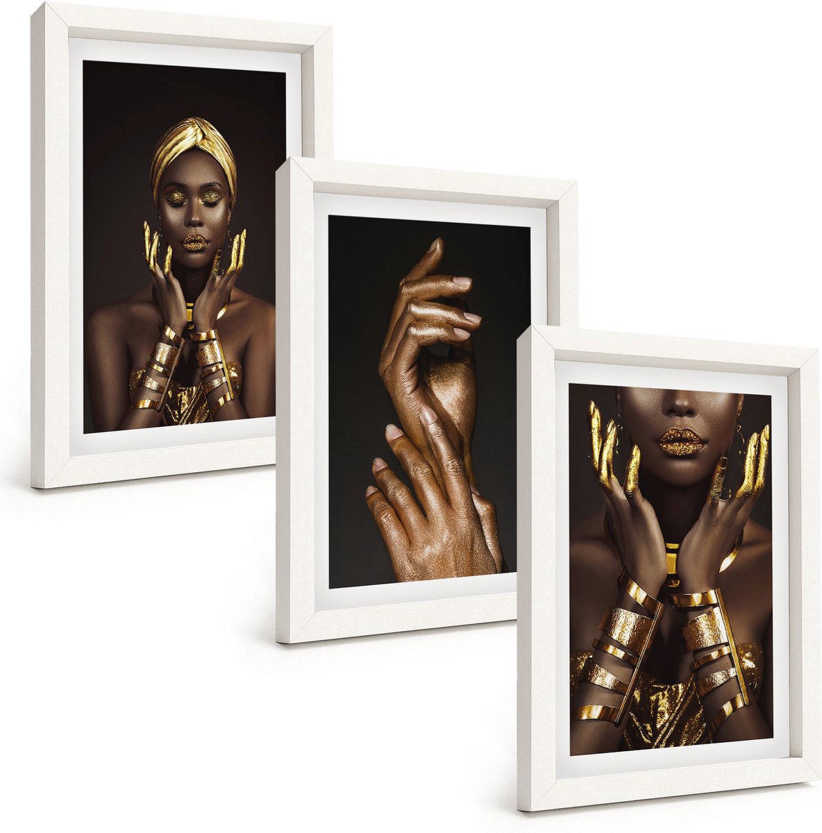 Wallfluent 3-Delige Schilderij Set - Elegante Portretten Van Een Afrikaanse Vrouw - 20 x 30 - Wanddecoratie - Schilderijen Set - Kantoor - Decoratieve Schilderijen
