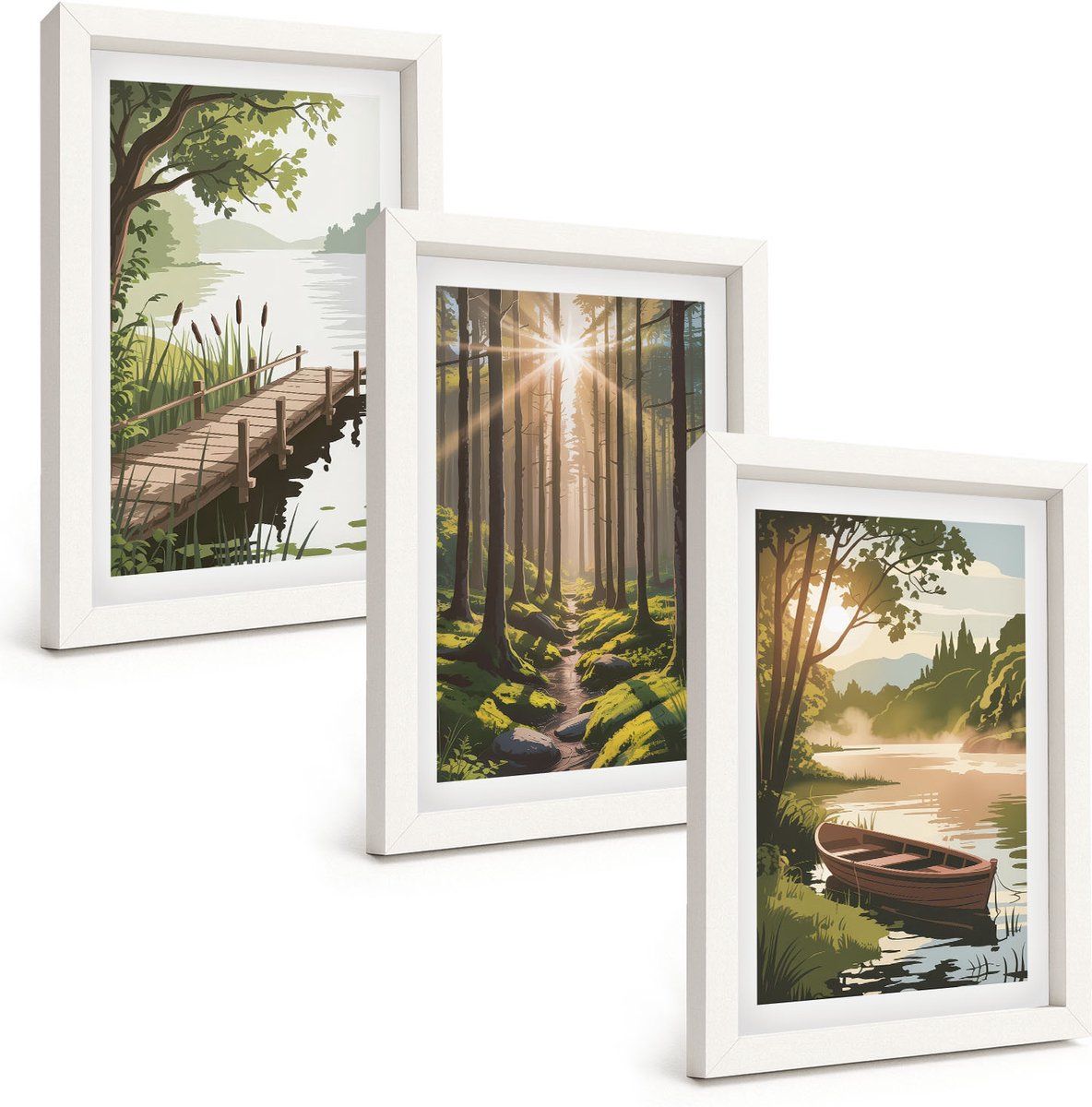 Wallfluent 3-Delige Schilderij Set - Rustige Landschappen Van Bos En Meer Met Een Boot - 20 x 30 - Muurdecoratie - Decoratieve Schilderijen - Wohnzimmer - Interieur Decoratie