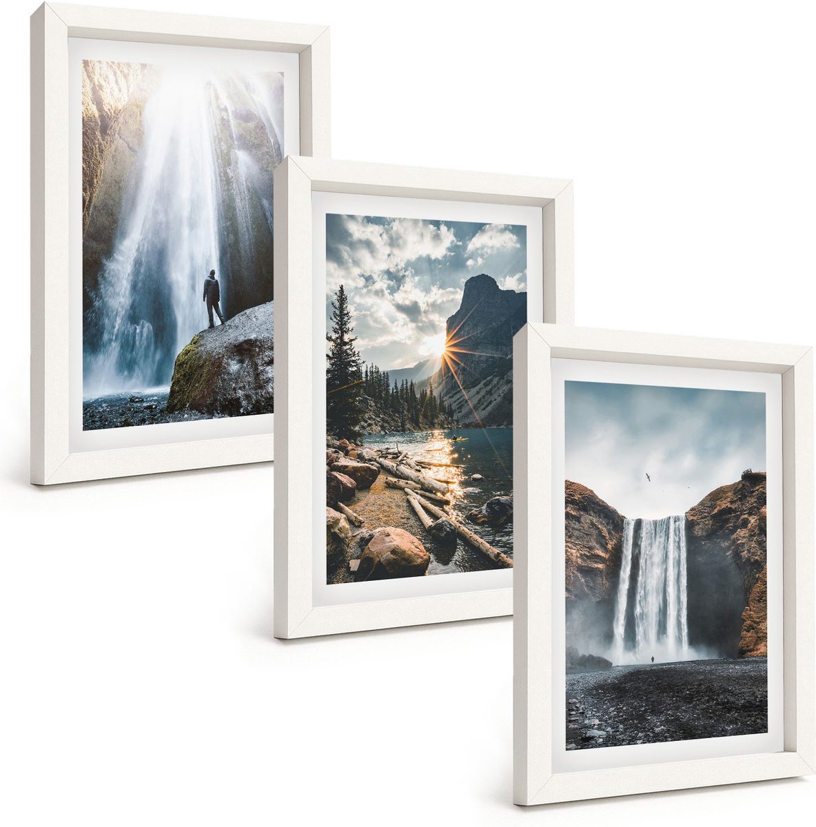 Wallfluent 3-Delige Schilderij Set - Watervallen In De Bergen Met Prachtige Natuurlijke Landschappen - 20 x 30 - Muurdecoratie - Interieur Decoratie - Stijlvolle Muurdecoratie