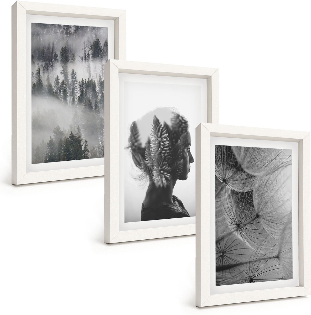 Wallfluent 3-Delige Schilderij Set - Bos In De Mist: Portret Met Bomen En Een Tere Paardenbloem. - 20 x 30 - Decoratieve Muurdecoratie - Slaapkamer - Moderne Wanddecoratie