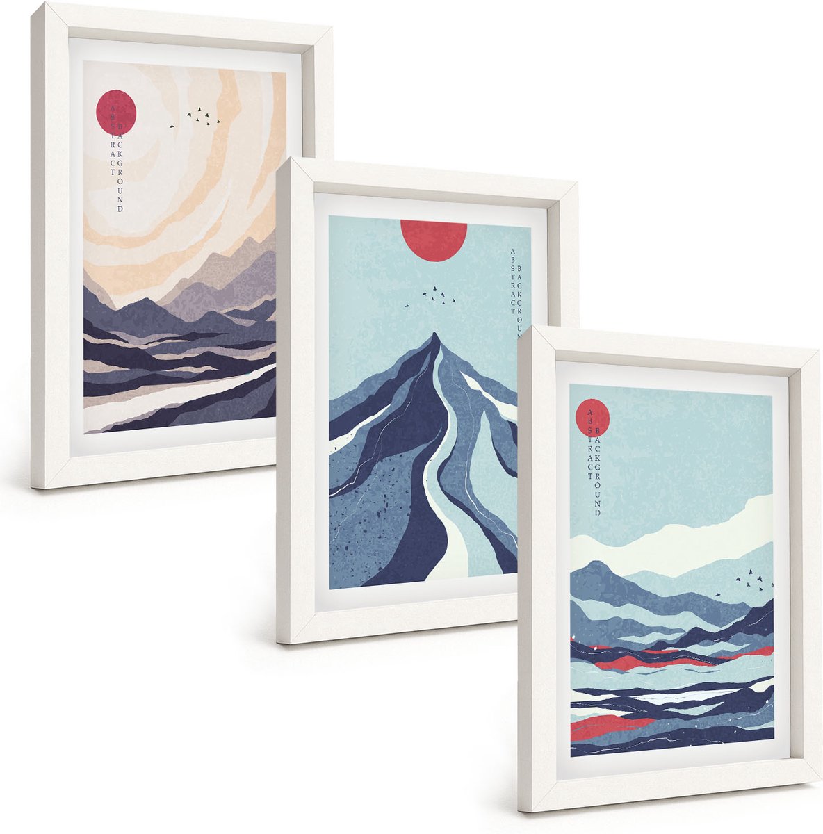 Wallfluent 3-Delige Schilderij Set - Abstracte Berglandschappen In Japanse Stijl - 20 x 30 - Wanddecoratie - Muurdecoratie - Moderne Interieurdecoratie - Decoratieve Schilderijen