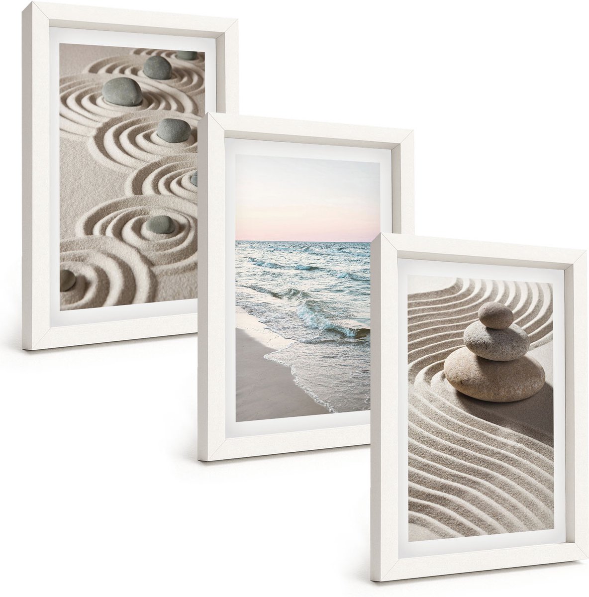 Wallfluent 3-Delige Schilderij Set - Rustig Zand En Kabbelend Water Met Kiezels Op Het Strand. - 20 x 30 - Wanddecoratie - Schilderijen Set - Kantoor - Interieur Decoratie