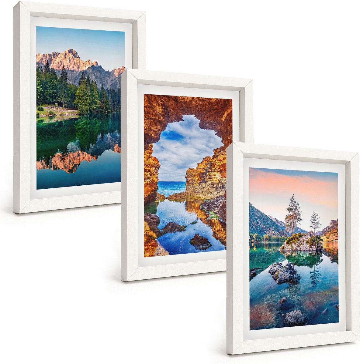 Wallfluent 3-Delige Schilderij Set - Bergmeren Met Weerspiegelingen In Het Water En De Rotsen. - 20 x 30 - Muurdecoratie - Interieur Decoratie - Moderne Wanddecoratie