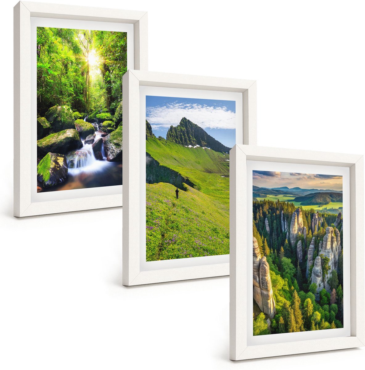Wallfluent 3-Delige Schilderij Set - Groene Berglandschappen Met Waterval En Bos - 20 x 30 - Moderne Wanddecoratie - Woonkamer