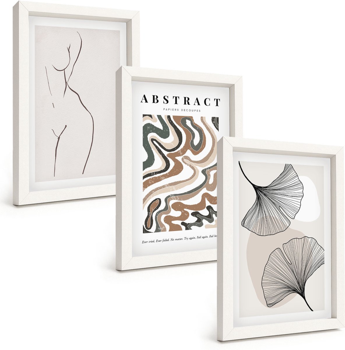 Wallfluent 3-Delige Schilderij Set - Abstracte Poster Met Vrouwelijke Vormen En Bladeren In Boho-Stijl. - 20 x 30 - Wanddecoratie - Woonkamer Decoratie - Decoratieve Schilderijen