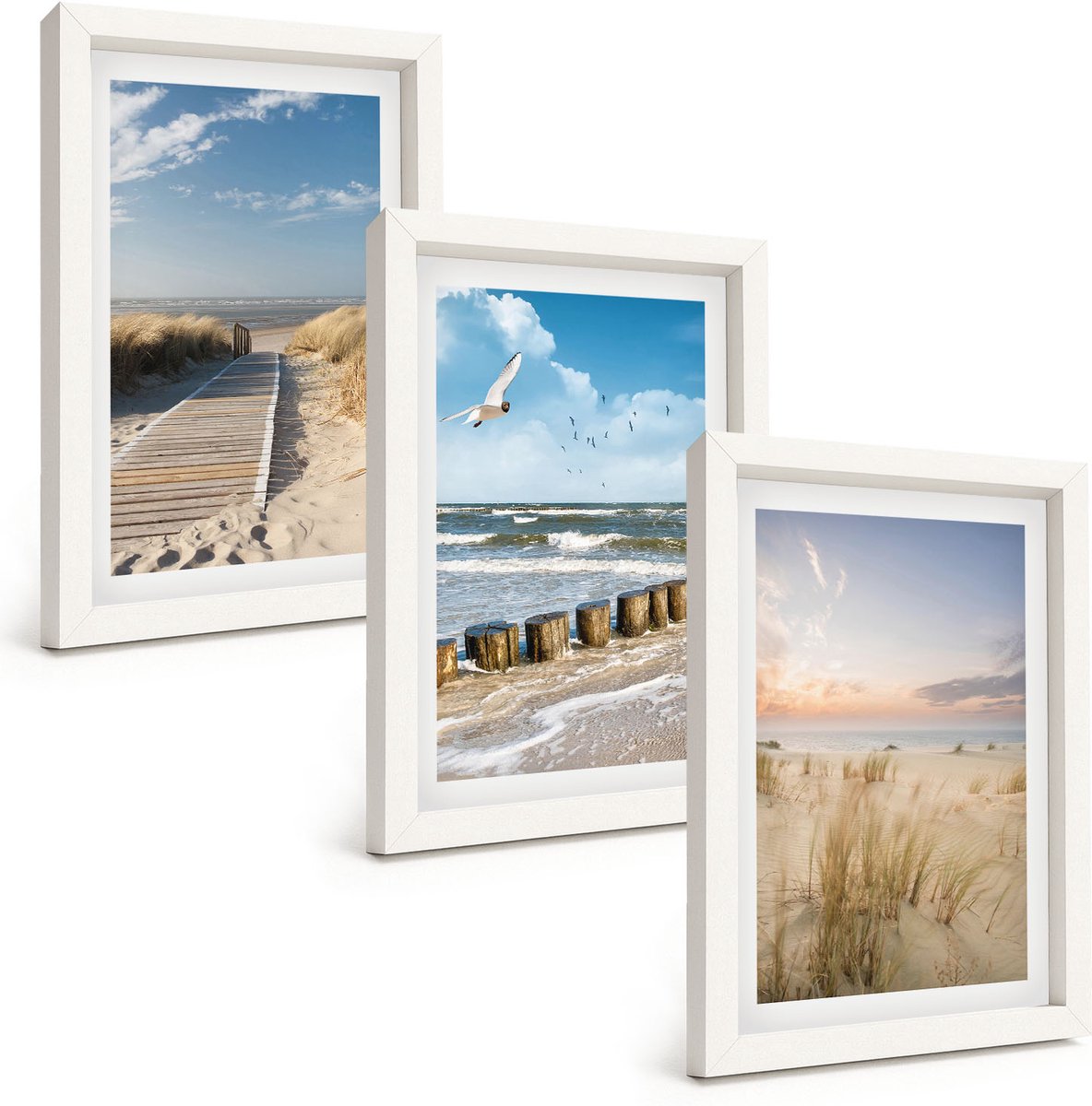 Wallfluent 3-Delige Schilderij Set - Strand Met Zand, Golven, Lucht En Vogels In De Lucht. - 20 x 30 - Wanddecoratie - Muurdecoratie - Woonkamer - Woonkamer Decoratie