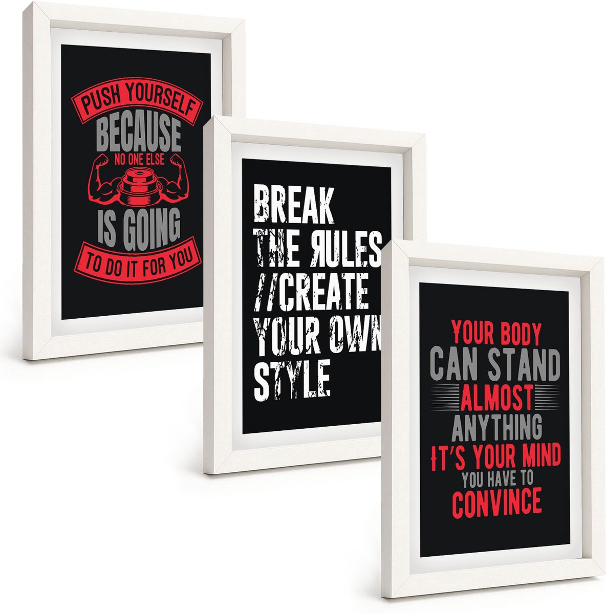 Wallfluent 3-Delige Schilderij Set - Motivatieslogans Voor Training En Zelfontwikkeling - 20 x 30 - Decoratieve Schilderijen - Woonkamer - Interieur - Interieur Decoratie
