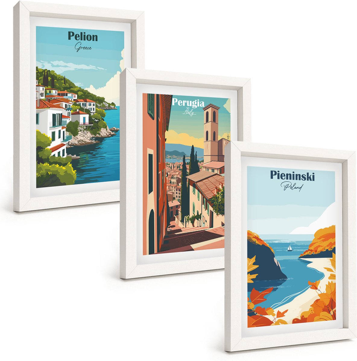 Wallfluent 3-Delige Schilderij Set - Schilderachtige Landschappen In Retrostijl - 20 x 30 - Wanddecoratie - Muurdecoratie - Moderne Interieurdecoratie - Moderne Wanddecoratie