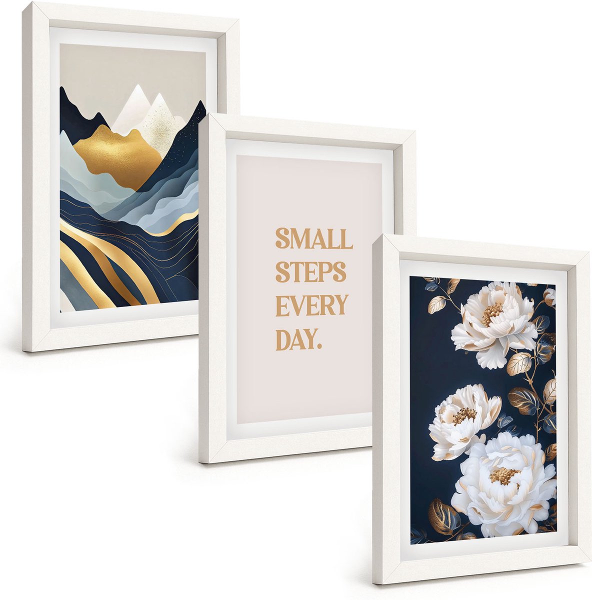 Wallfluent 3-Delige Schilderij Set - Abstracte Bergen, Bloemen En Inspirerende Letters - 20 x 30 - Muurdecoratie - Decoratieve Schilderijen - Wohnzimmer - Stijlvolle Muurdecoratie