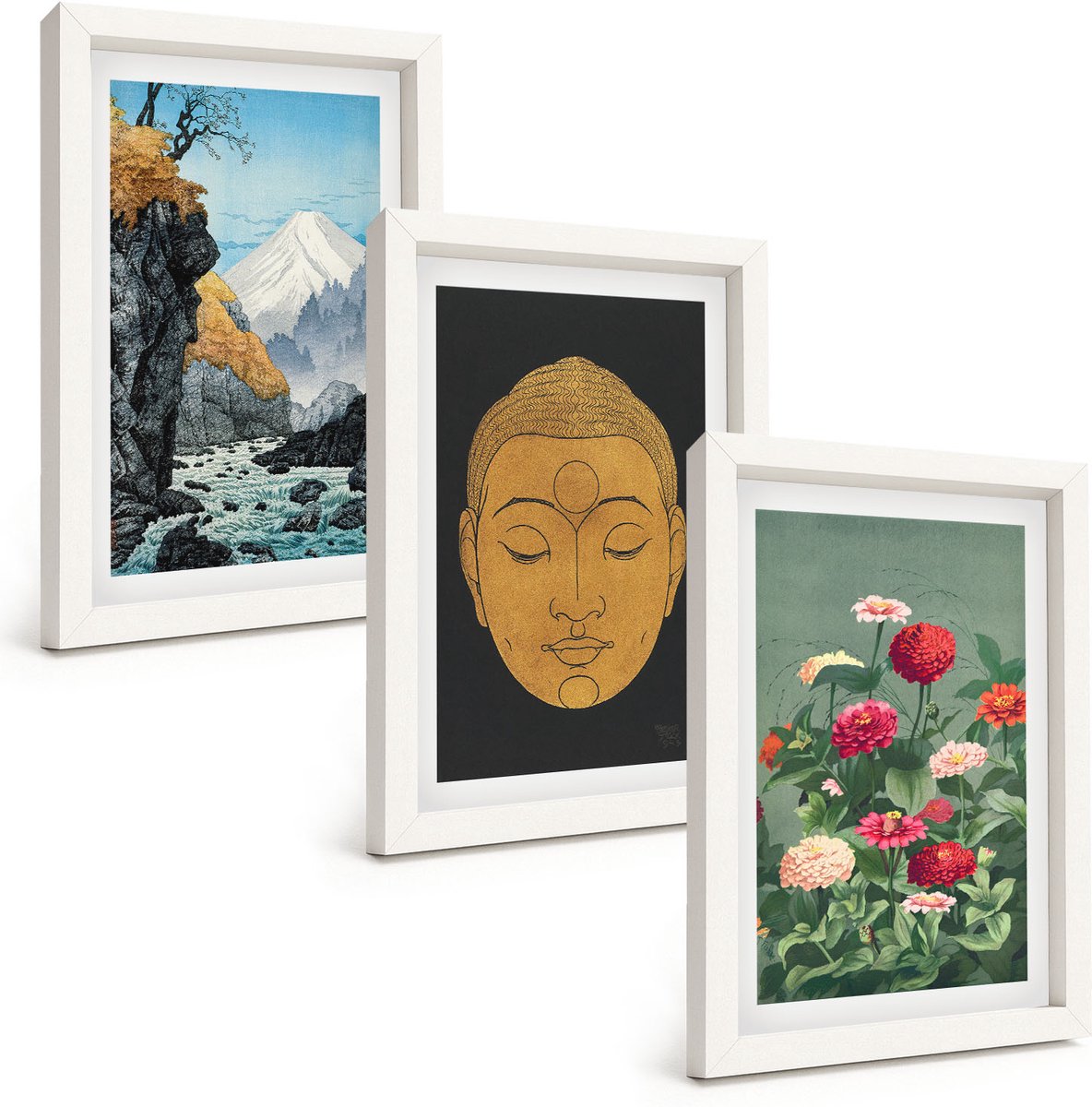 Wallfluent 3-Delige Schilderij Set - Japanse Natuur En Cultuur In Japandi-Stijl - 20 x 30 - Stijlvolle Muurdecoratie - Slaapkamer - Wanddecoratie