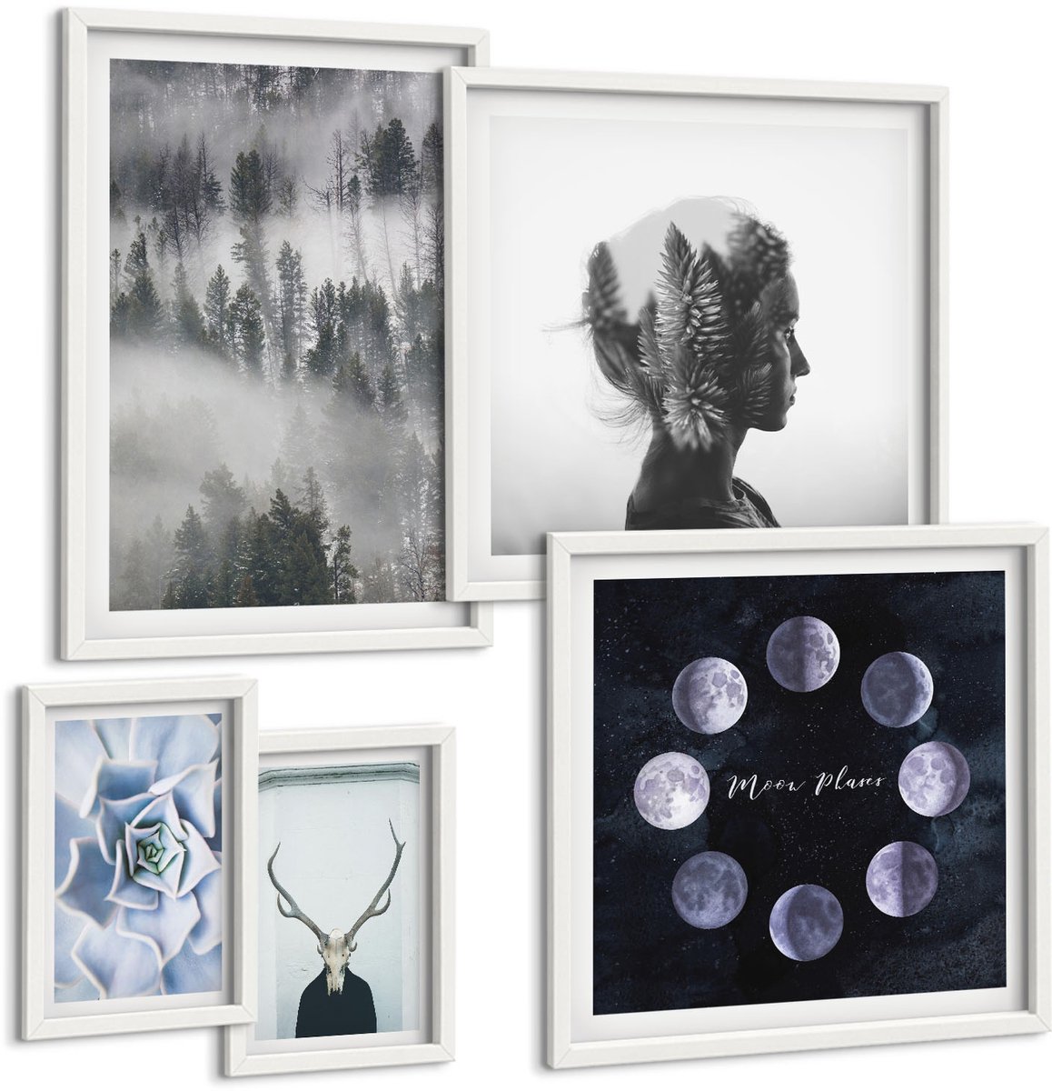 Wallfluent 5-Delige Schilderij Set - Natuurlijke Bosmotieven En Kosmische Verschijnselen - 50 x 50 cm, 20 x 30 cm En 40 x 60 cm - Wanddecoratie - Moderne Interieurdecoratie - Woonkamer Decoratie