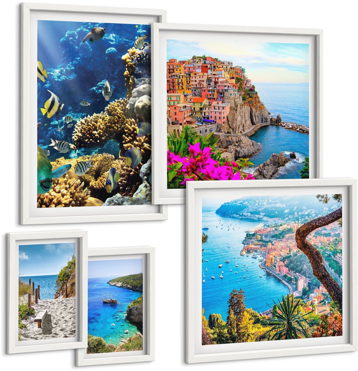 Wallfluent 5-Delige Schilderij Set - Kustlandschappen Met Kleurrijke Vissen En Stranden - 50 x 50 cm, 20 x 30 cm En 40 x 60 cm - Stijlvolle Wanddecoratie - Interieur - Decoratieve Schilderijen
