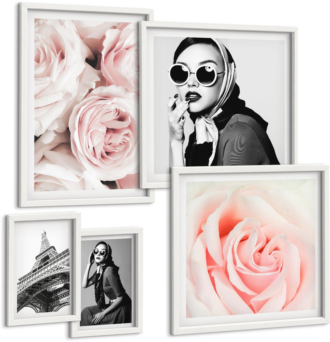 Wallfluent 5-Delige Schilderij Set - Stijlvolle Portretten En Romantische Rozen In Een Elegante Editie. - 50 x 50 cm, 20 x 30 cm En 40 x 60 cm - Moderne Wanddecoratie - Woonkamer - Muurdecoratie
