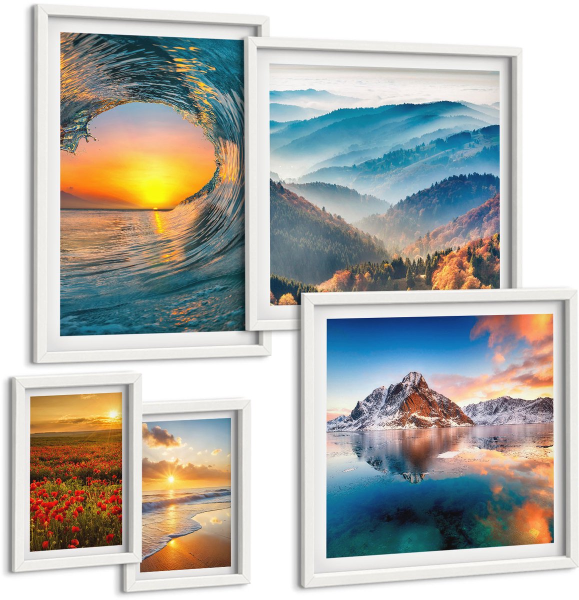 Wallfluent 5-Delige Schilderij Set - Natuurlijke Landschappen Met Zee, Bergen En Bloemen - 50 x 50 cm, 20 x 30 cm En 40 x 60 cm - Wanddecoratie - Woonkamer Decoratie - Moderne Wanddecoratie