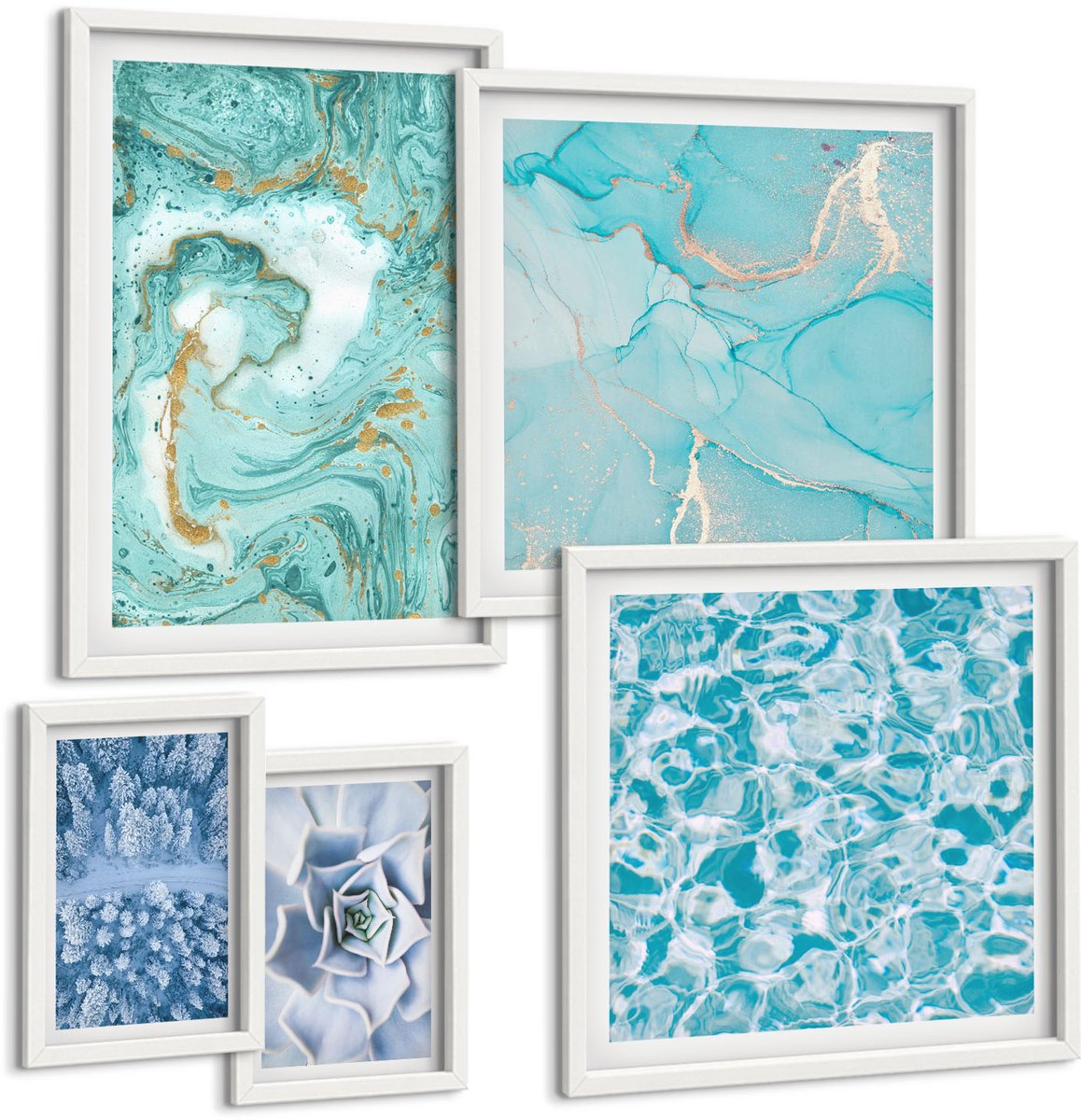 Wallfluent 5-Delige Schilderij Set - Stijlvolle Accenten In Turquoise En Blauwe Tinten. - 50 x 50 cm, 20 x 30 cm En 40 x 60 cm - Wanddecoratie - Schilderijen Set - Kantoor - Moderne Wanddecoratie