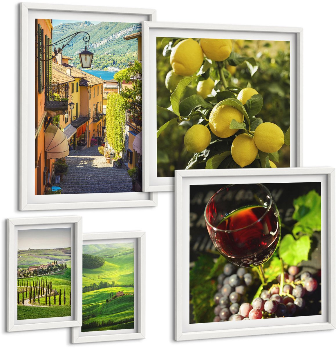 Wallfluent 5-Delige Schilderij Set - De Charmante Landschappen Van Het Italiaanse Toscane Met Wijnranken En Citroenbomen. - 50 x 50 cm, 20 x 30 cm En 40 x 60 cm - Stijlvolle Muurdecoratie - Slaapkamer
