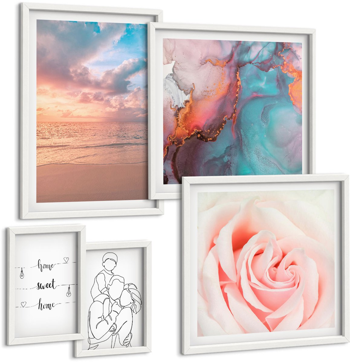Wallfluent 5-Delige Schilderij Set - Zeegezichten, Romantische Motieven En Delicate Lijnen - 50 x 50 cm, 20 x 30 cm En 40 x 60 cm - Stijlvolle Muurdecoratie - Slaapkamer - Moderne Wanddecoratie