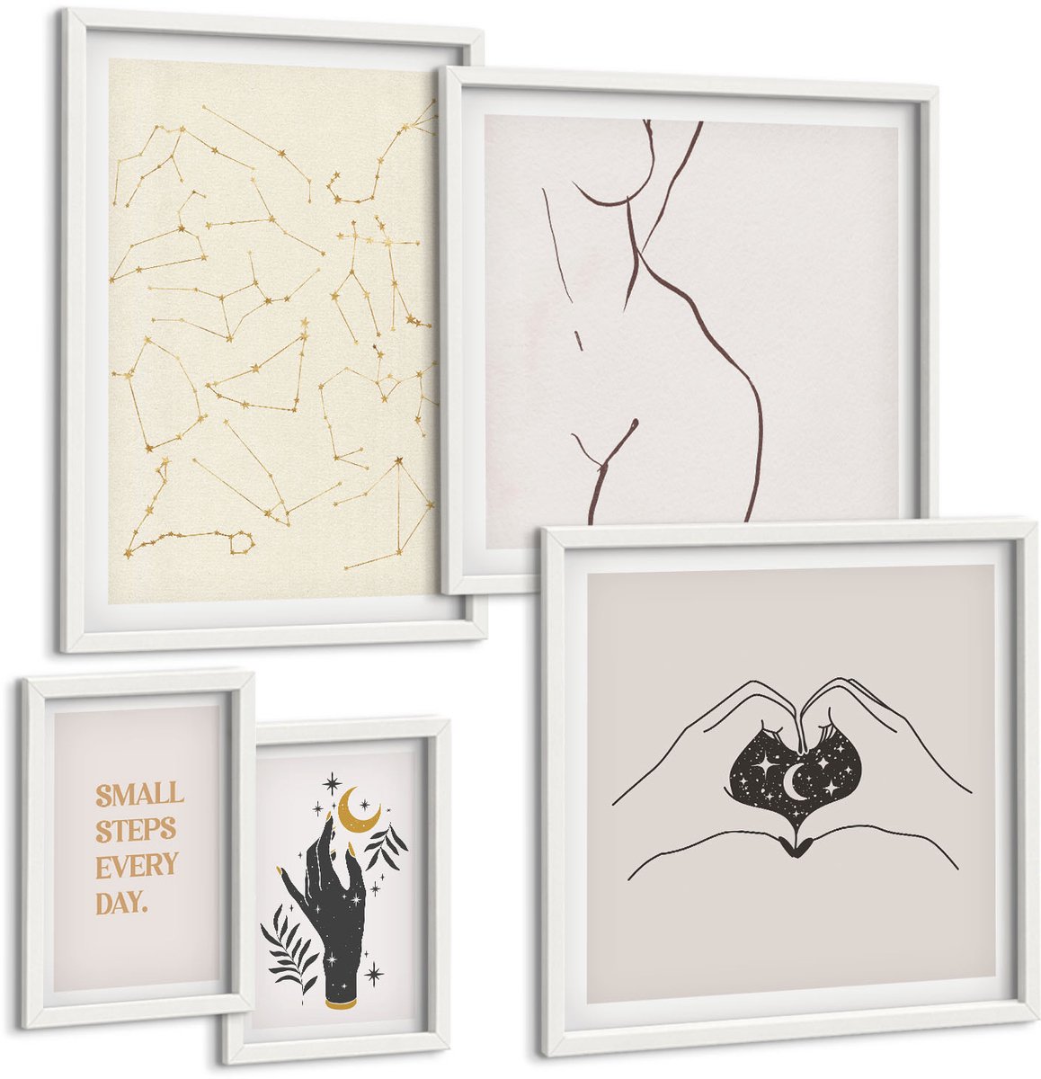 Wallfluent 5-Delige Schilderij Set - Minimalistische Motieven Geïnspireerd Door Ruimte En Natuur - 50 x 50 cm, 20 x 30 cm En 40 x 60 cm - Muurdecoratie - Wanddecoratie - Hal - Decoratieve Schilderijen