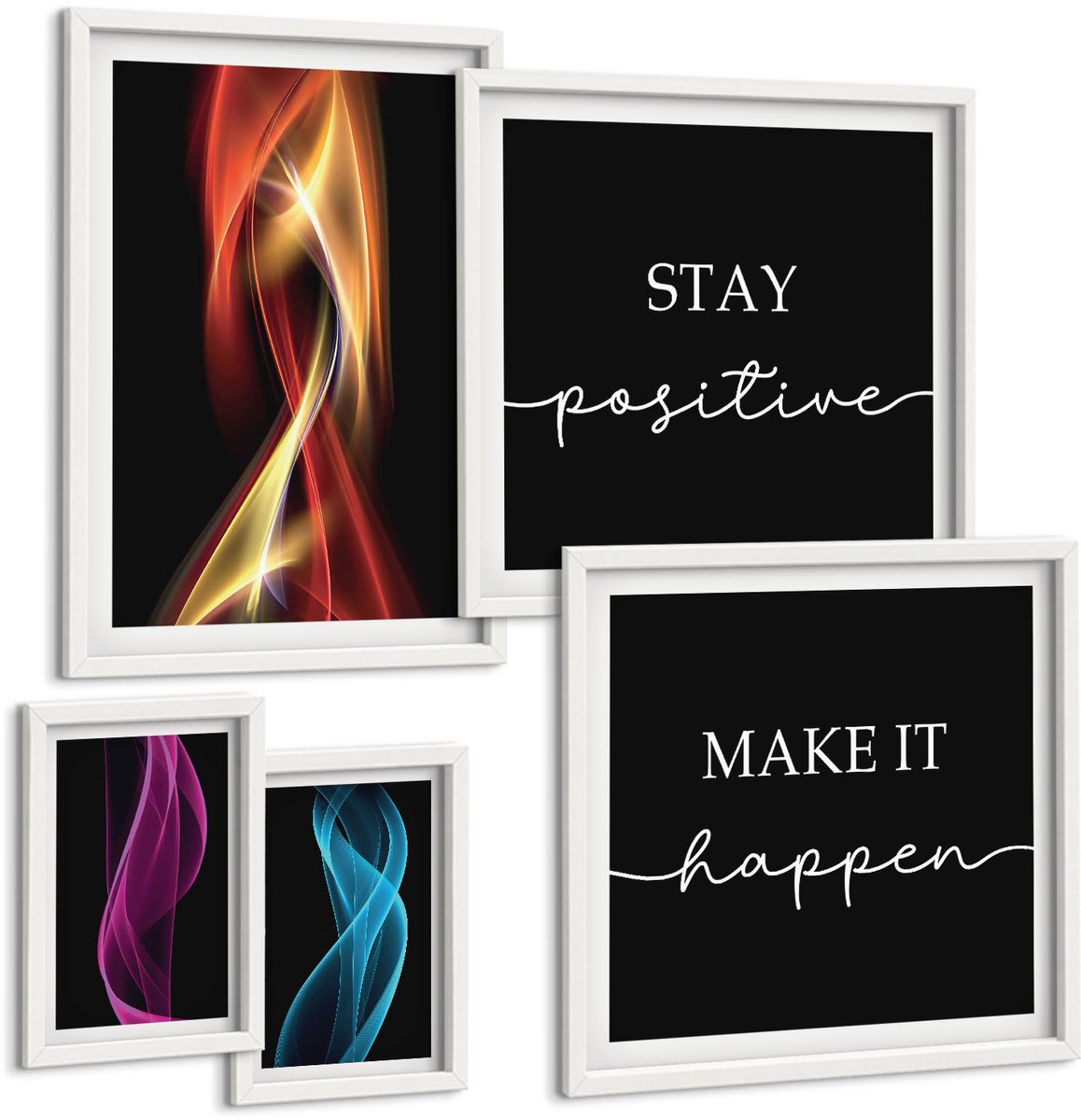 Wallfluent 5-Delige Schilderij Set - Inspirerende Citaten En Abstracte Lichtpatronen - 50 x 50 cm, 20 x 30 cm En 40 x 60 cm - Wanddecoratie - Muurdecoratie - Woonkamer - Interieur Decoratie
