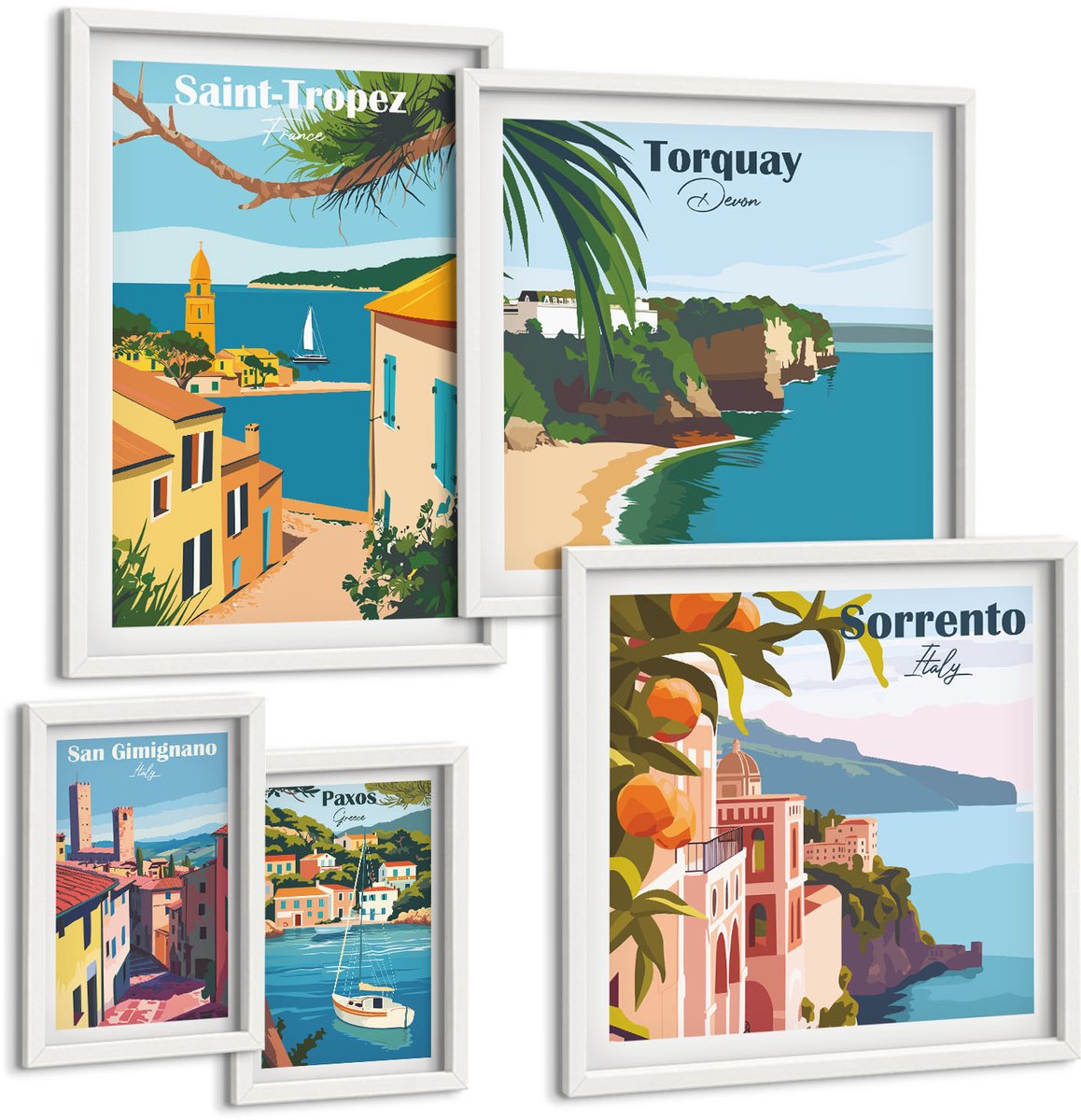 Wallfluent 5-Delige Schilderij Set - Landschappen Van Europese Kustplaatsen - 50 x 50 cm, 20 x 30 cm En 40 x 60 cm - Stijlvolle Muurdecoratie - Kantoor - Decoratieve Schilderijen