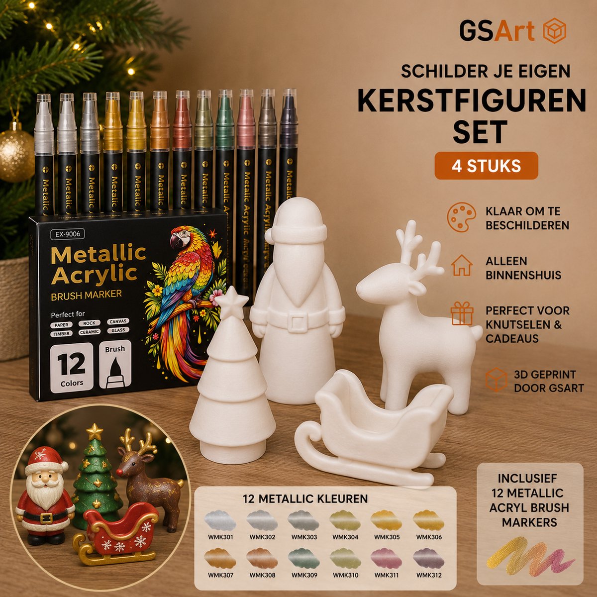 GSArt Schilder je eigen Kerstfiguren – 4 stuks – Inclusief 12 Metallic Acryl Brush Markers