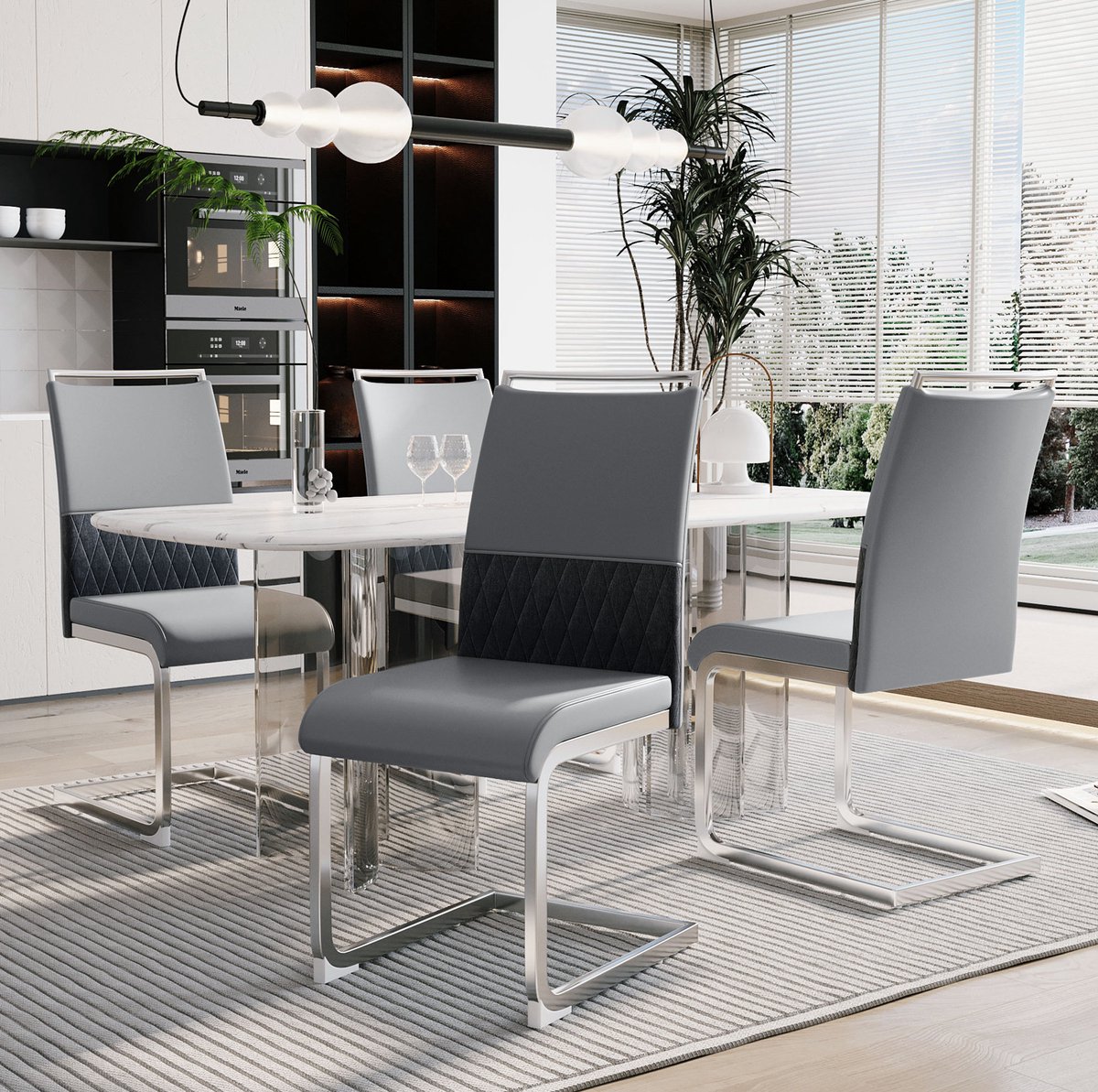 Wishdor Eetkamerstoel set van 4 - Hoge rugleuning gepolsterd - Modern design - Woonkamer eetkamer keuken - Metaal en kunstleer - Grijs - 42 x 48 x 95 cm