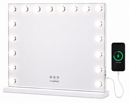 Witte make-upspiegel met 18 LED lampen, witte voet. Een smartphone wordt opgeladen via USB.
