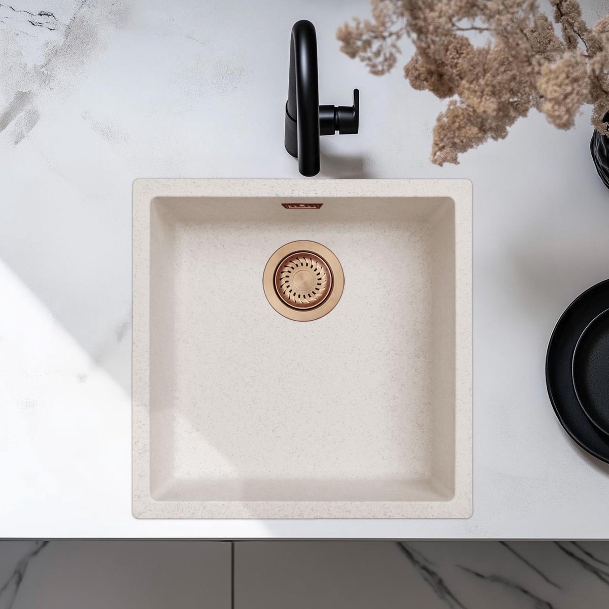 Spoelbak 40x40 cm zand wit onderbouw, opbouw Pure.Sink