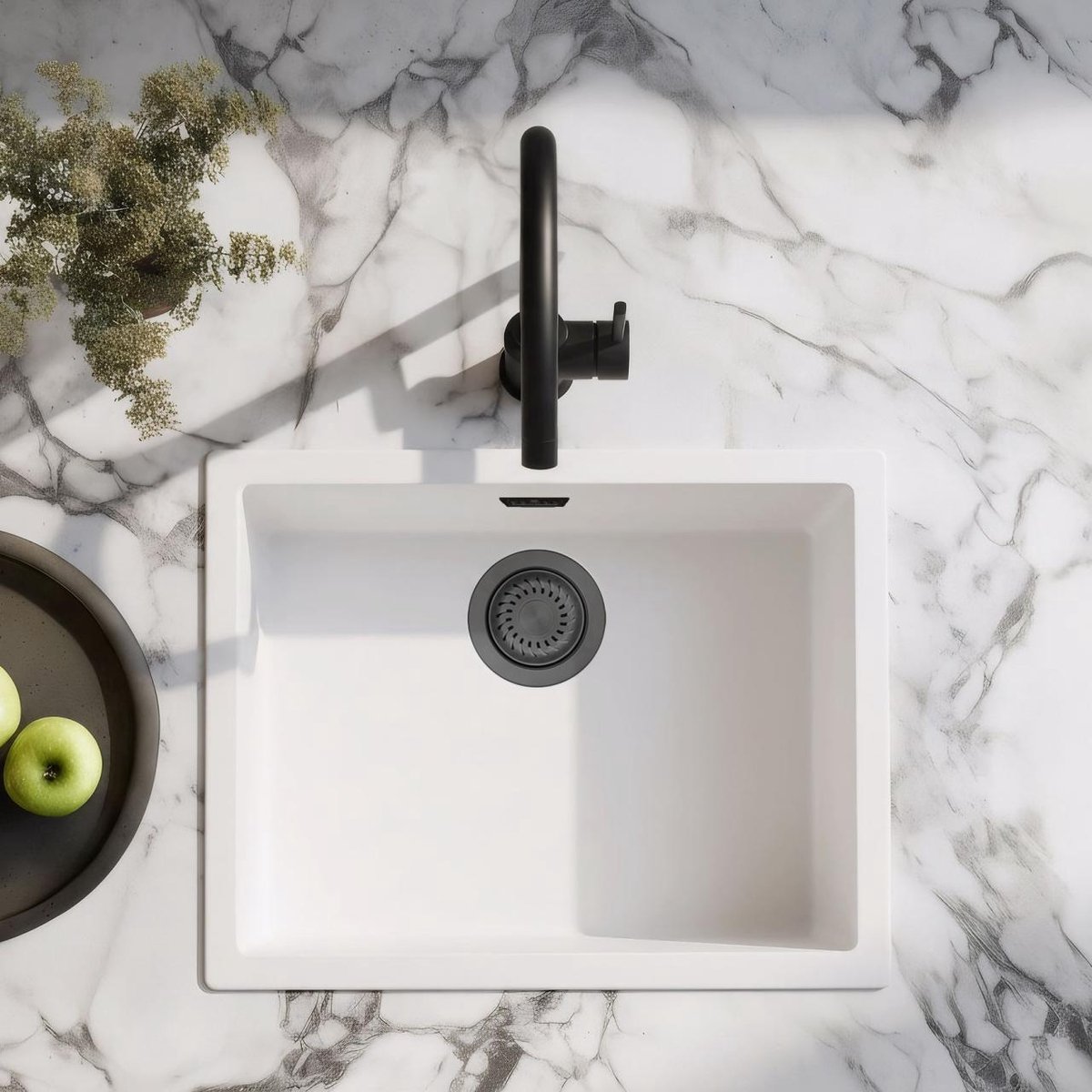 Spoelbak 50x40 cm wit onderbouw en opbouw gun metal plug Pure.Sink