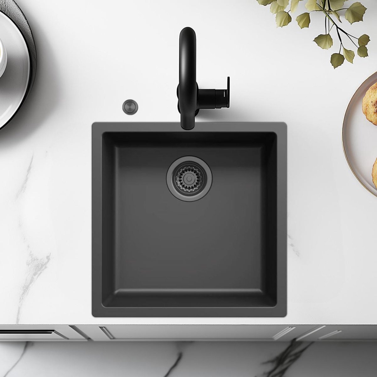 Spoelbak 40x40 cm zwart onderbouw en opbouw gun metal plug Pure.Sink