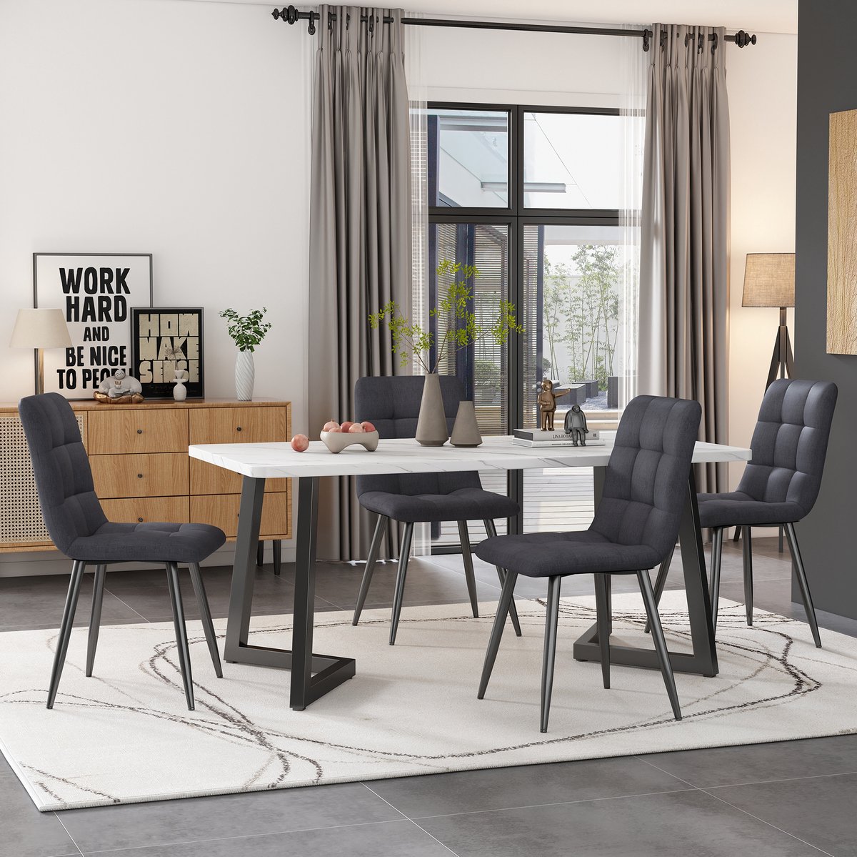 Wishdor Eettafel set met 4 stoelen - Modern rechthoekig - Compact voor keuken woonkamer eetkamer - Grijs wit en zwart - Bewerkt hout en metaal - 117 x 68 x 75 cm