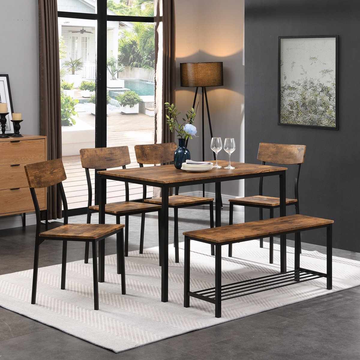 Wishdor Eettafelset 6-delig - Industrieel - Houten blad en metalen frame - Inclusief 4 stoelen en bank - Voor keuken en eetkamer - 110 x 70 x 85 cm