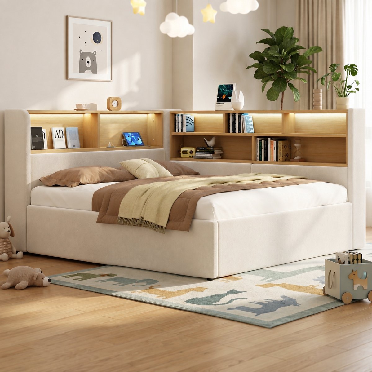 MODENUIT Slaapbank 140x200 cm - Met Opbergruimte, LED En USB - Voor Kinderkamer - Stof - Beige