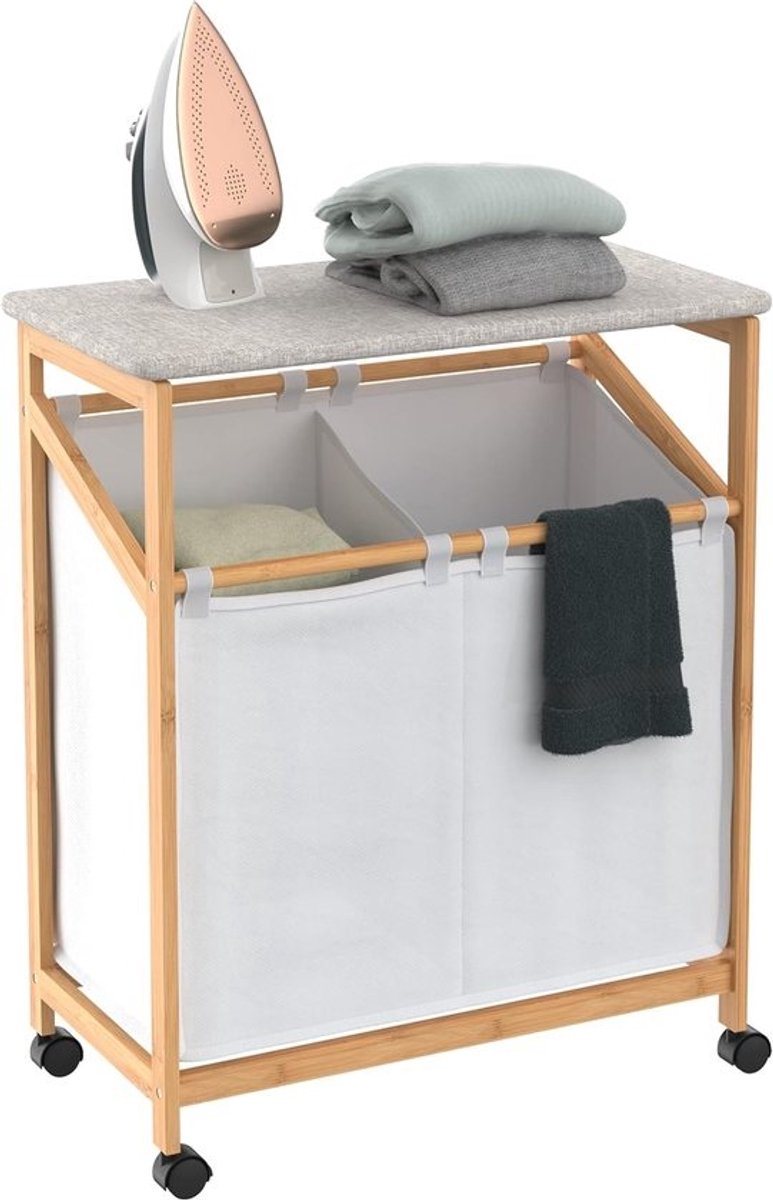 Wasmand met strijkplank - Wassorteerder vouwstation - Efficiënt wassen - Dubbele compartimenten - 80 cm hoog - Natuurlijk bamboe