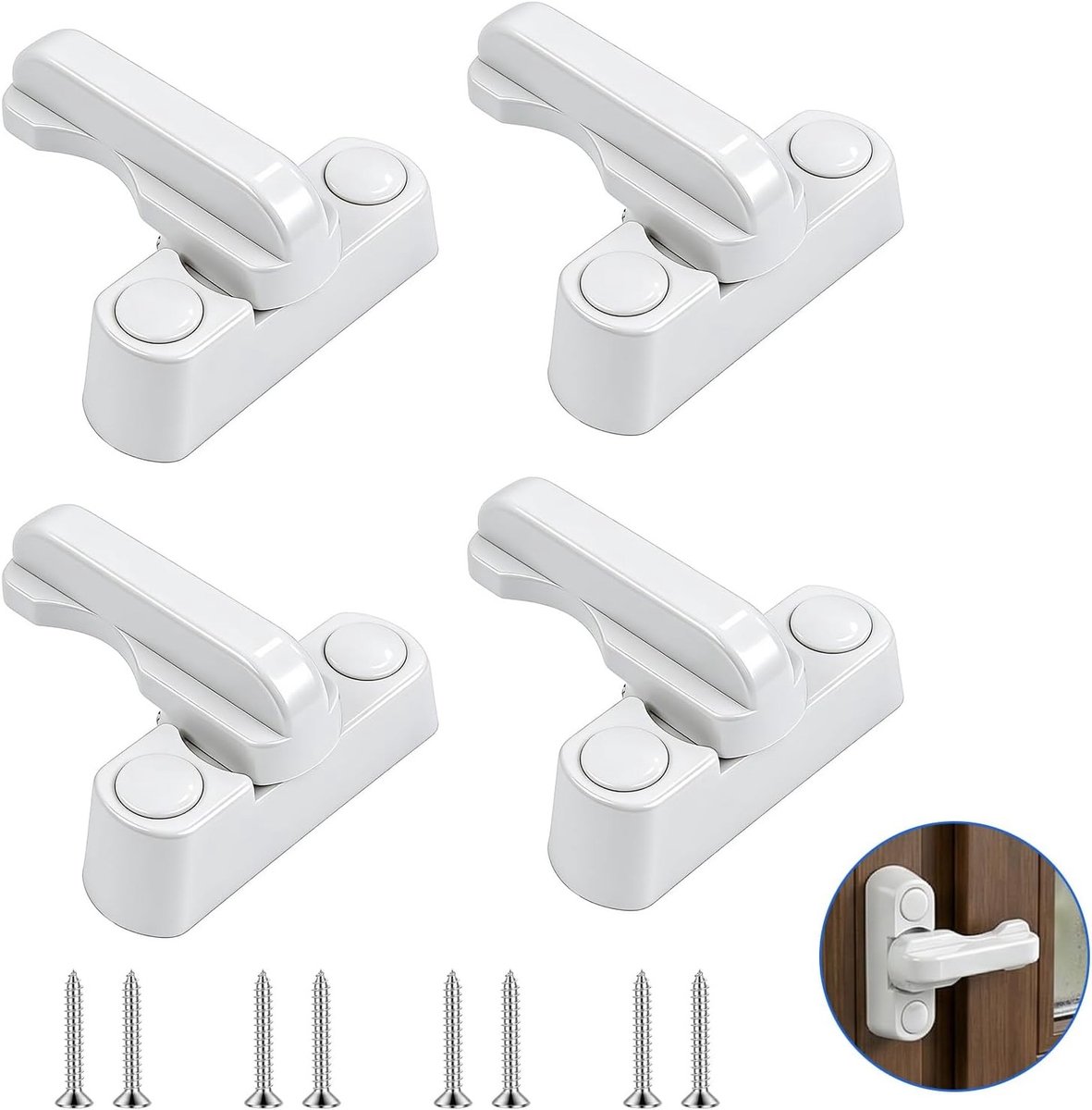 Set van 4 draaibare sloten voor raambeveiliging, extra beveiliging voor PVC ramen en deuren, inbraakpreventie met duurzame poedercoating, stabiele gietzinken raamsluiting, wit, inclusief schroeven, eenvoudig te installeren en veilig