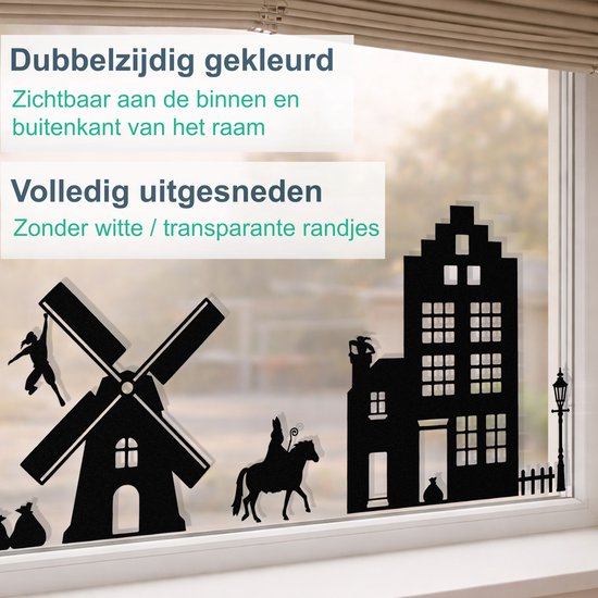 Zwarte silhouetten van een molen met spelende kinderen, een paard met ruiter, een huis en een lantaarnpaal. Dubbelzijdig gekleurd, volledig uitgesneden.