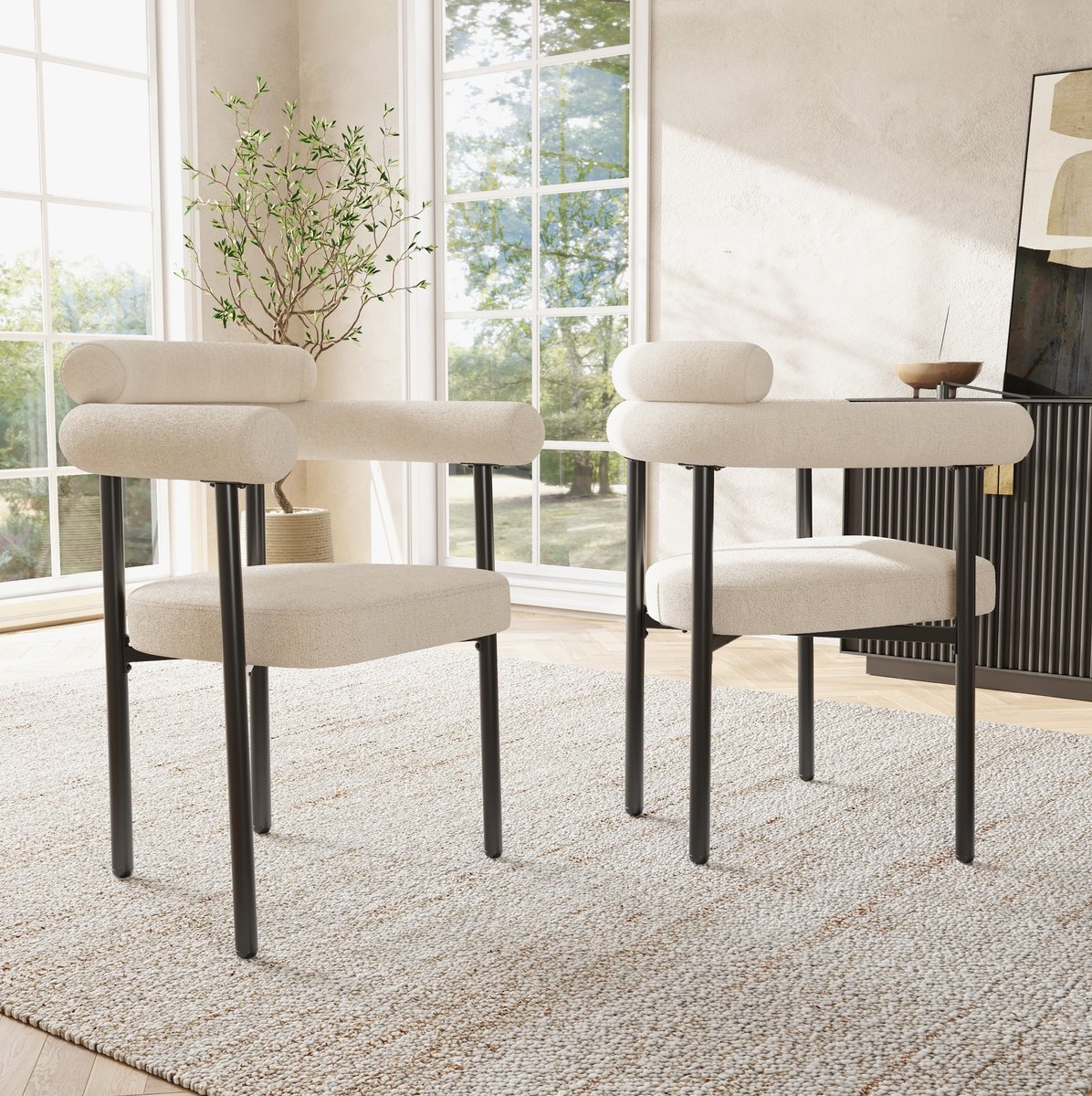 Wishdor Eetkamerstoel set van 2 - Met armleuning en zachte zitting - Ergonomisch en stabiel - Modern minimalistisch - Woonkamer eetkamer werkkamer - Metaal - Beige - 70 x 62 x 85 cm