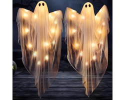 2 Stuks 120cm Halloween Vliegende Spook met Warm LED-Licht - Grote Hangende Spookdecoratie voor Spookhuis, Voortuin, Terras & Feest - Geschikt voor Binnen & Buiten - Griezelig & Sfeervol - Batterijgevoed - Waterdicht - Eenvoudig op te Hangen - Wit