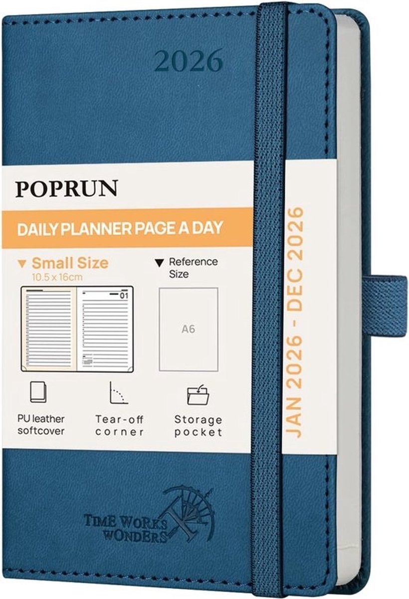 Daily Planner 2026 - Zakelijke Agenda 16x10,5 cm - 12 Maanden - 1 Dag per Pagina - Softcover - FSC® Papier - Night Sky Blue