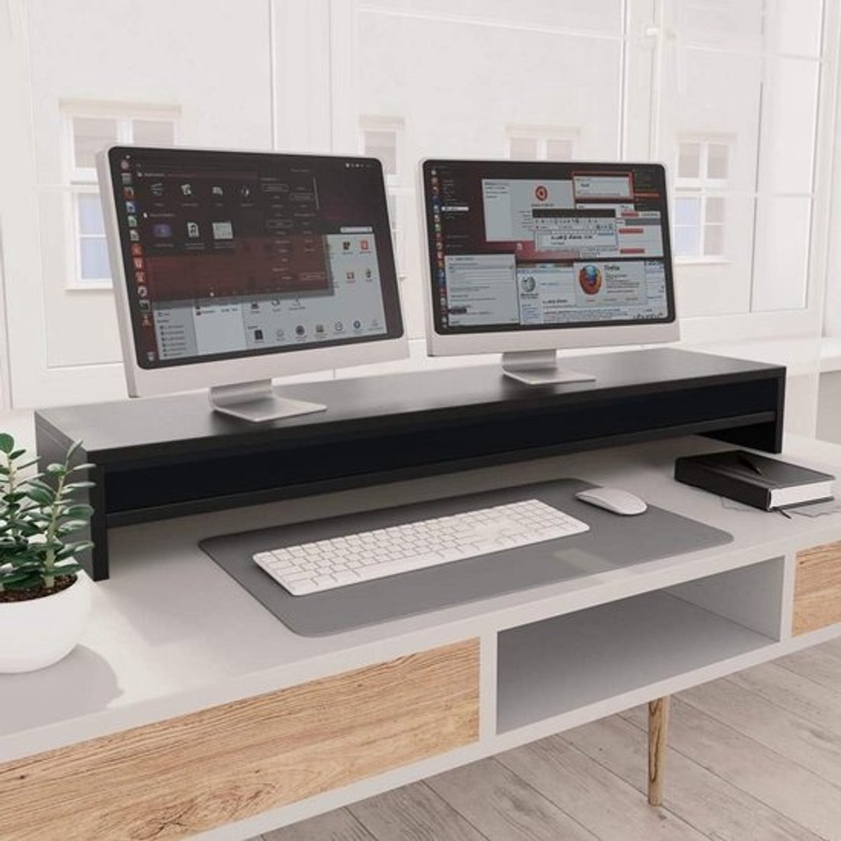 Houten Monitorverhoger Zwart - Bureau Opzetstuk voor 2 Schermen, Laptop & PC - Ergonomisch Bureau Organizer