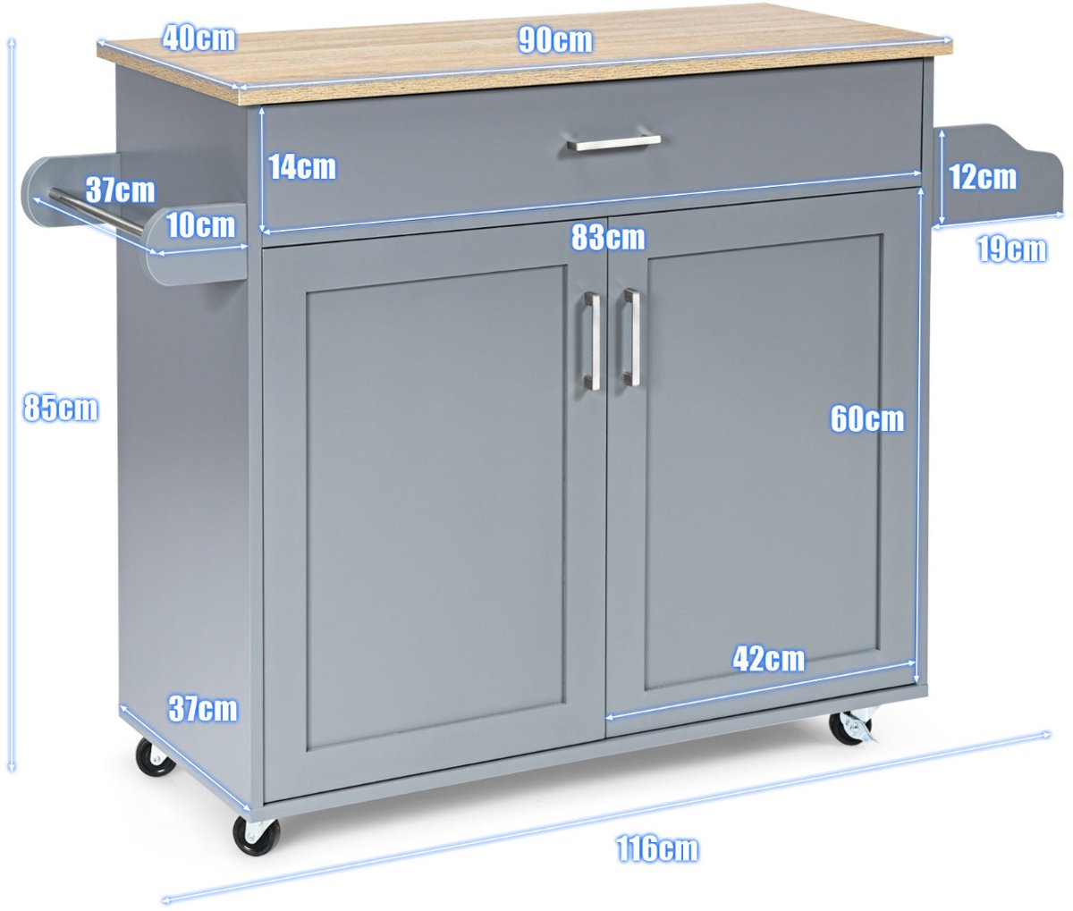 SureDeal® - Keukeneiland - Keukenkast - Met Wielen - Keukentrolley - Kast - Grijs - 116x40x85 cm - Verplaatsbaar - Bijzettafel - Dressoir - Woonkamer