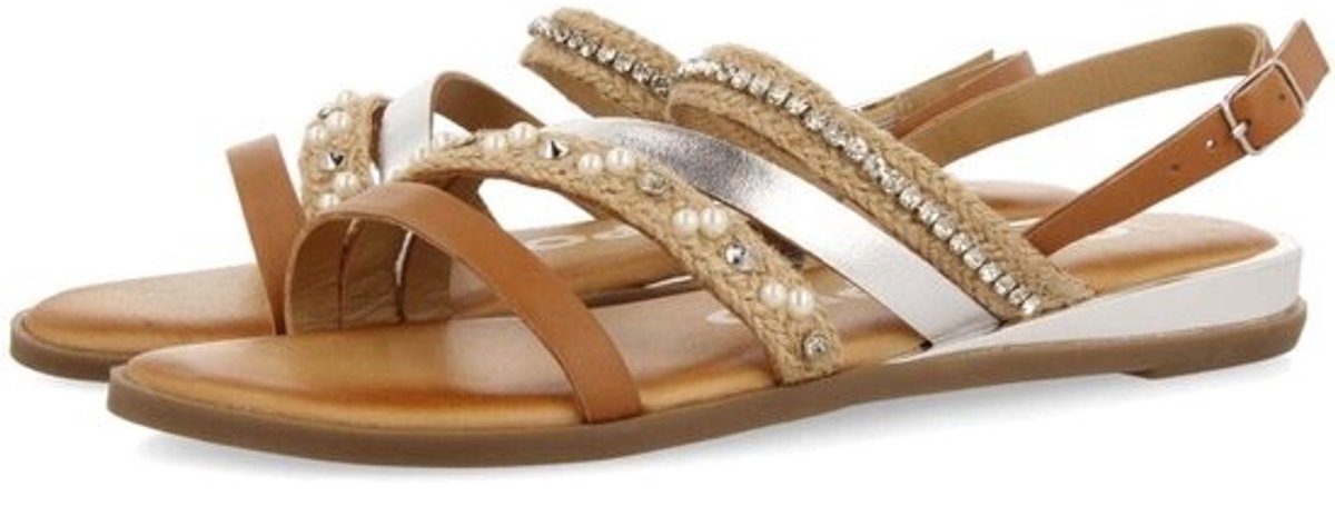 Dames Sandalen - Zomerse Schoenen - Feestelijke Gelegenheden - Decoratieve Kristal Parels - Mini Wig Hak - Natuurlijke Kleur