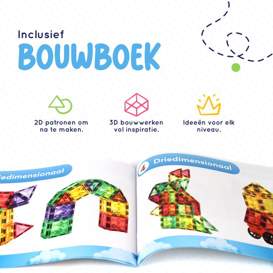 Een open bouwhandleiding met 2D-patronen en 3D-voorbeelden van creaties met magnetische bouwblokken.