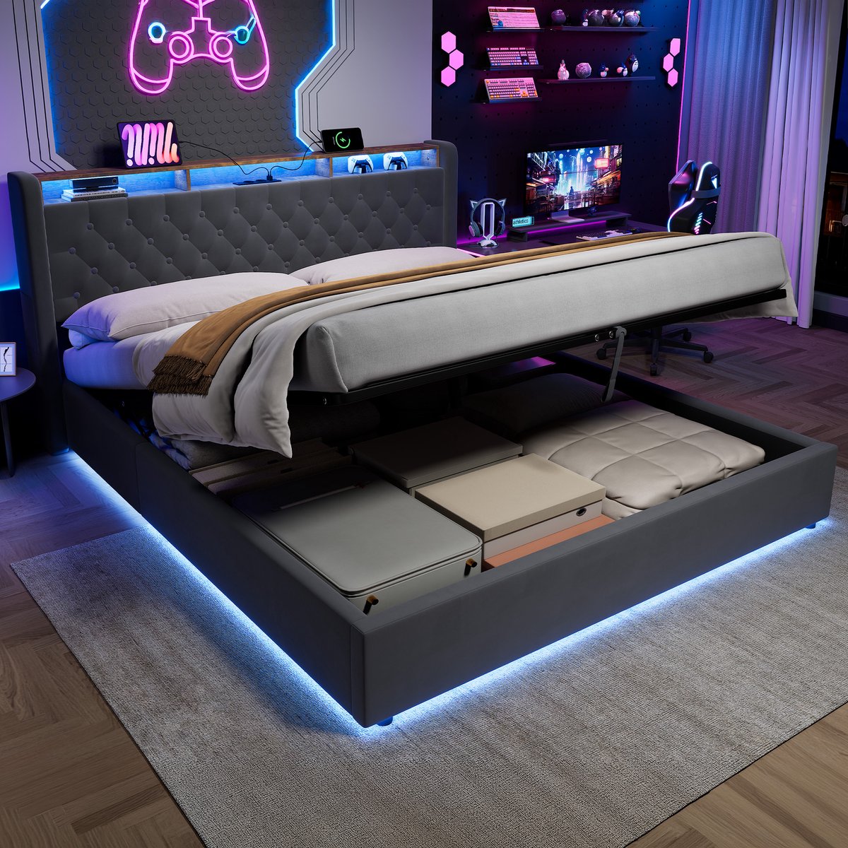 OKWISH Opbergbed – 180 x 200 cm – Met Opklapbaar Hoofdbord en Opbergruimte – Fluweel en Metaal Hout – Donkergrijs – Voor 2 Personen