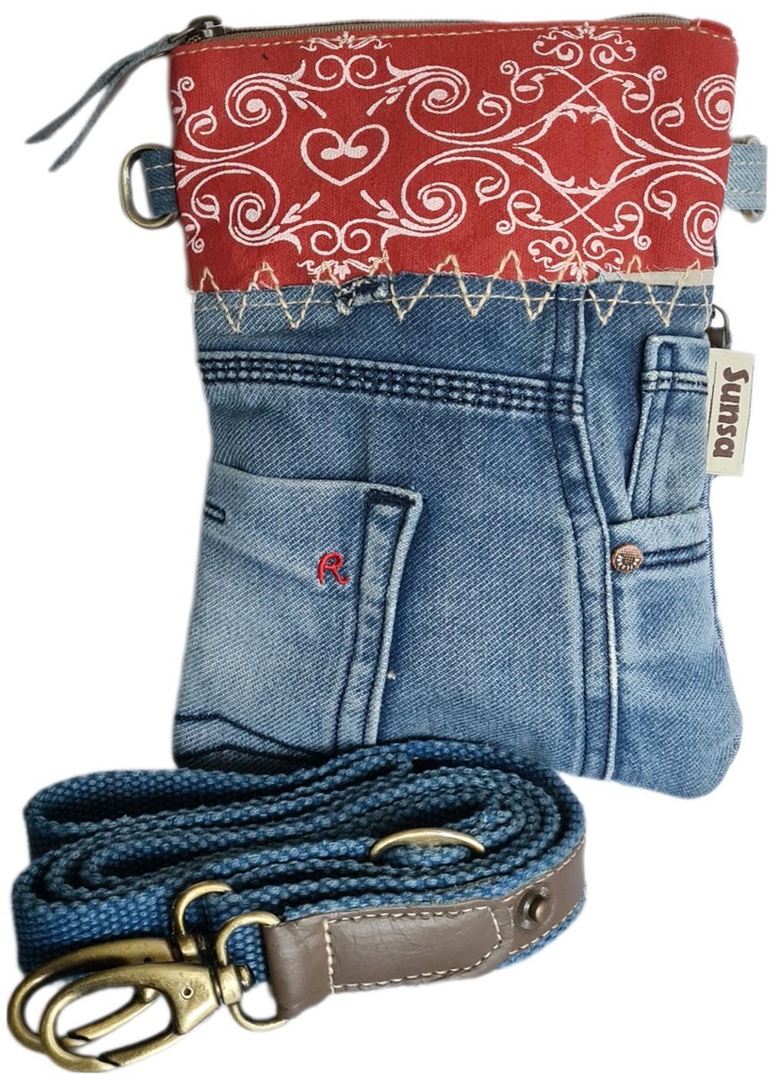 Sunsa-Tas-Denim-Canvas-Leer-Gerecyclede jeans-Dames-Heren-Retro-Vintage-Streetwear-18 x 23 x 2 cm-Red/Jeans
