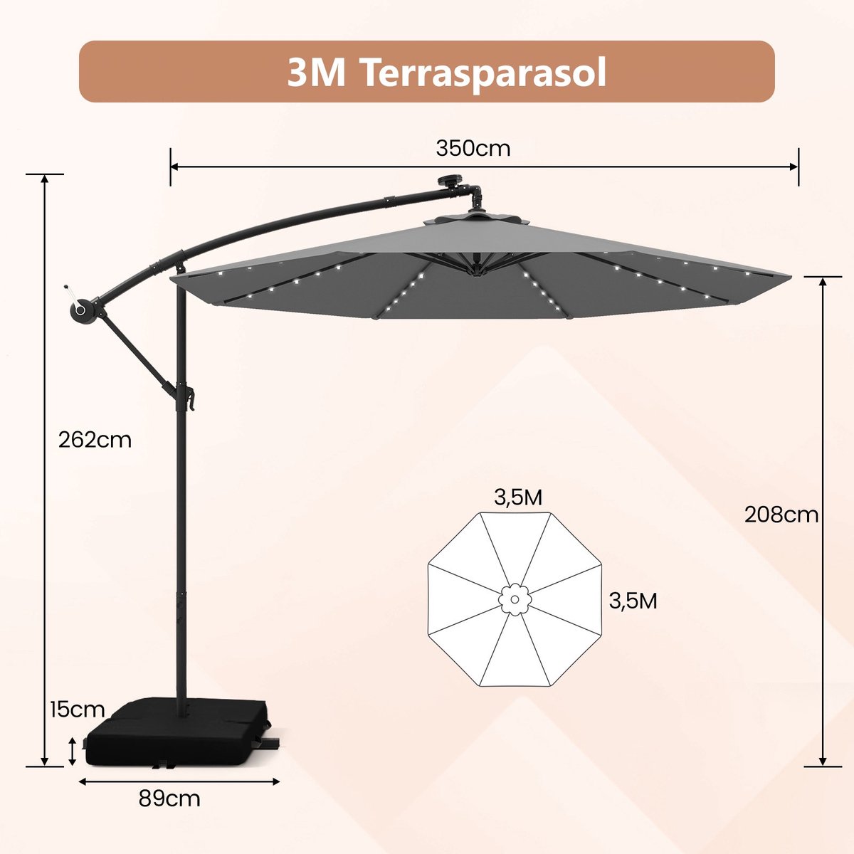 SureDeal® - Parasol - Paraplu - LED lampjes Zonne - Bescherming - 350x350x262 cm - Grijs