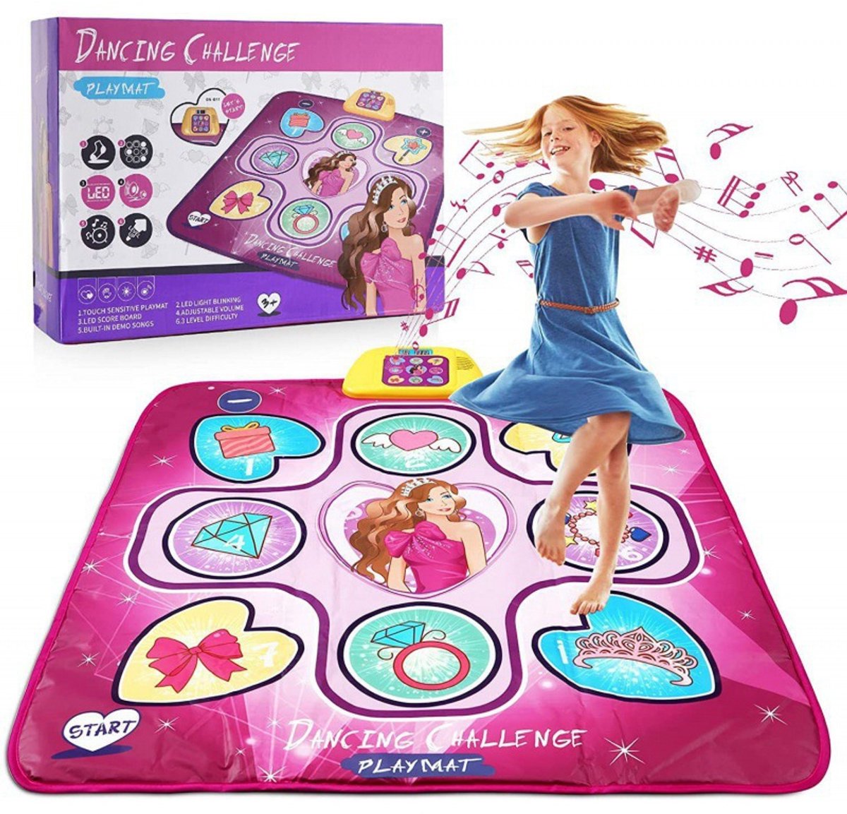 Namajunas – Muziek- en dansmat – Dansmat voor kinderen – Een interactieve muziek- en dansmat voor meisjes en kinderen van 3-9 jaar, met ledverlichting, ingebouwde muziek, regelbaar volume en 3 uitdagingsniveaus.