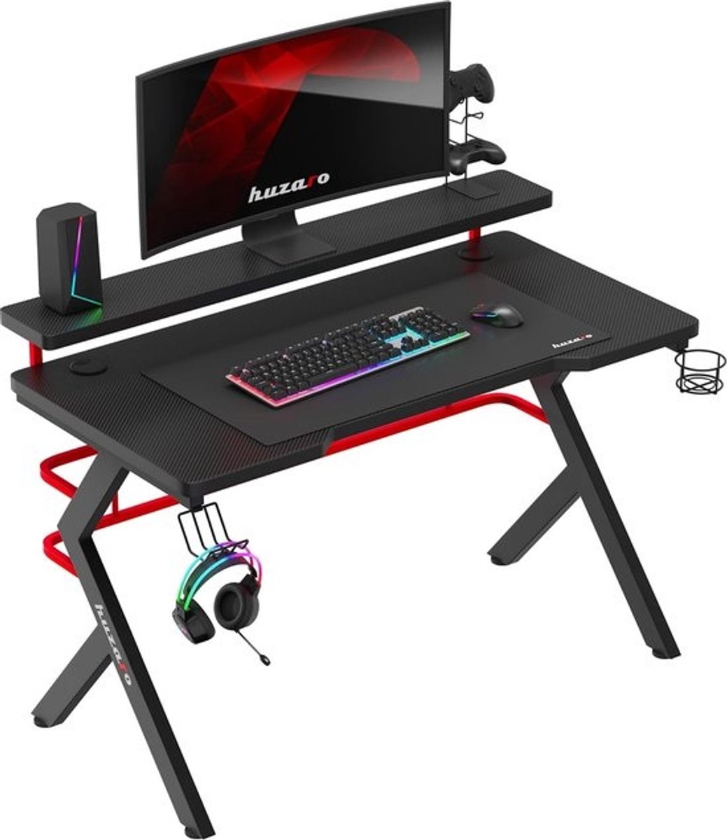 Gamingbureau 120x60 cm met Monitorstandaard en Accessoireshouder - Carbonlook Tafelblad 25 mm - Verstelbare Poten - Rood