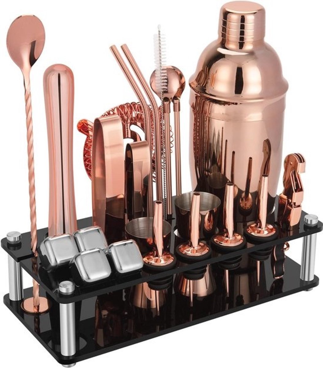 23-delige Cocktail Shaker Set – Professionele Bartools met Acryl Stand en Receptenboekje