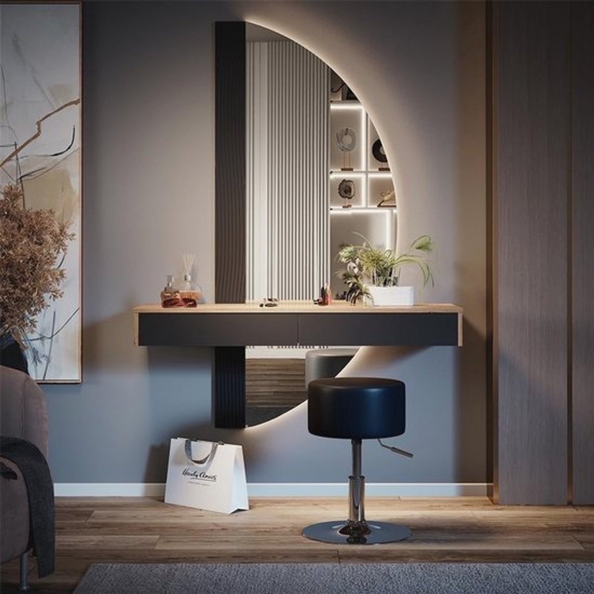 Stijlvolle make-uptafel met verlichting en kruk - 120 cm Eiken/Zwart